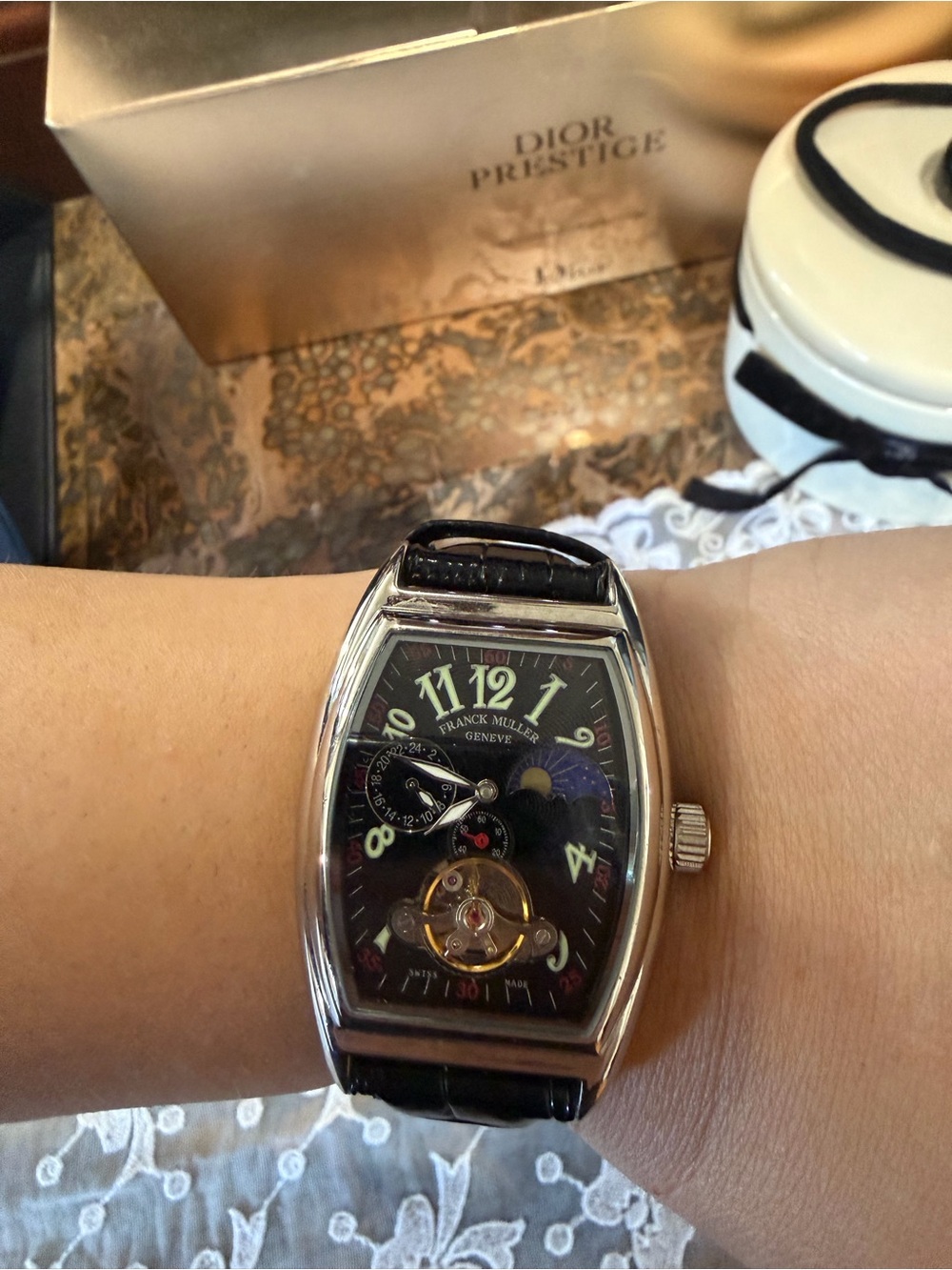 Franck Muller Women's Black Dial Leather Strap Watch